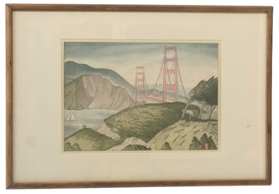 Harold Mallette Dean (1907-1975) American, Color Woodblock Print, "Golden Gate Bridge"