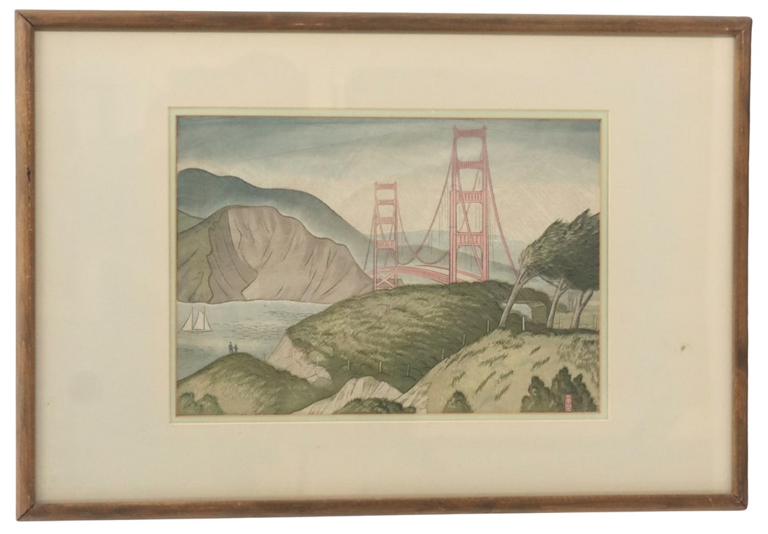 Harold Mallette Dean (1907-1975) American, Color Woodblock Print, "Golden Gate Bridge" (1 of 9)