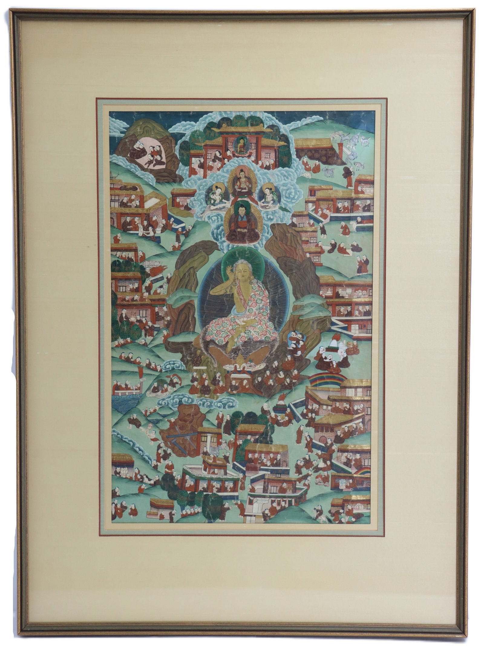 Thangka of the Life of Milarepa: Thangka of the Life of Milarepa. A richly detailed thangka of the life of Milarepa, a Tibetan Siddha (1052-1135). Overall Size: 39 x 28 1/2 in. Sight Size: 27 1/2 x 17 in. 