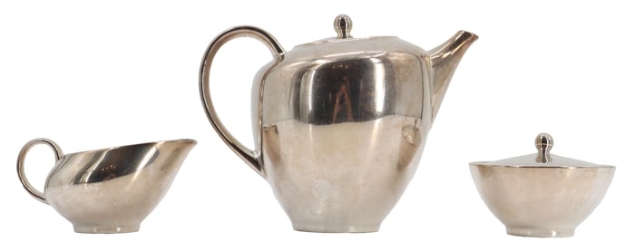 (3) Piece German Porcelain and Silver Overlay Mid Century Modern Tea Set