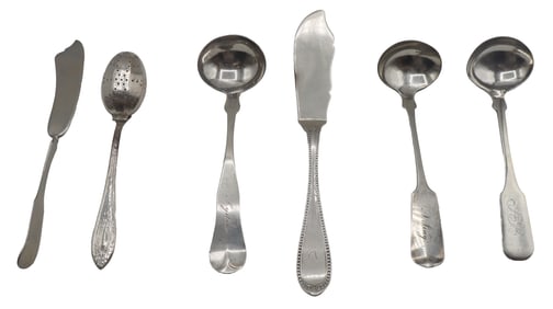 (5) Coin Silver Utensils and 1 Silver Plated Tea Spoon- 4.82 ozt.