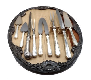(9) Sterling Silver Handled Serving Pieces and Repousse Plateau