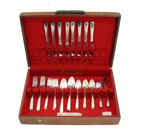 (50) Pieces of Oneida Tudor Silver Plate Flatware Set in Original Monogrammed Box