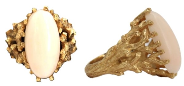 One 14k Gold and Angel Skin Coral Ring - Gross 12.3 g.