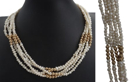 One Multi-Strand 14k Gold and Pearl Necklace - Gross 43.6 g.