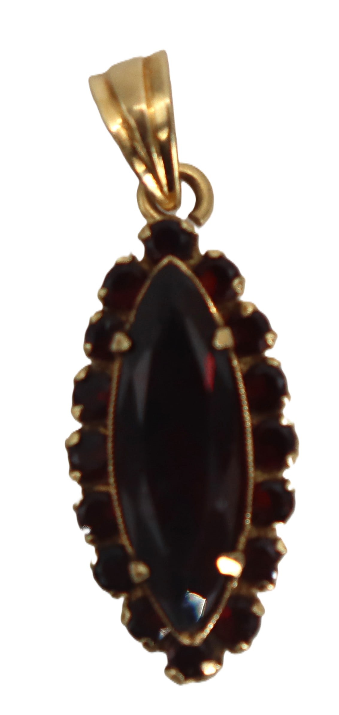 18k Gold and Garnet Pendant - Gross 5.4 g.: 18k Gold and Garnet Pendant. Marked on bail. Central marquise cut garnet surrounded by round cut garnets. Set in 18k yellow gold. Size: 1 1/4 x 1/2 x 1/4 in. Gross Weight: 3.4 dwt. 5.