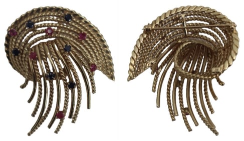 One 14k Gold, Sapphire and Ruby Brooch - Gross 20.3 g.