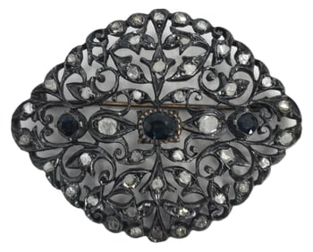 Antique Georgian Style Era 12k Gold, Diamond and Sapphire Brooch - Gross 9.5 g.