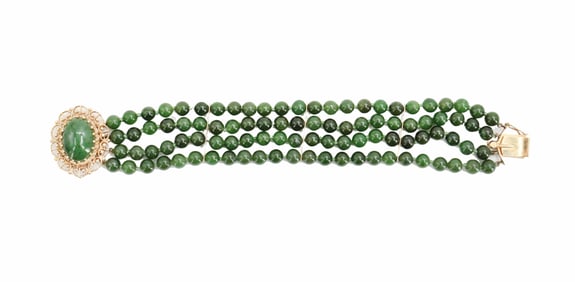 Multiple Strand Jade Bracelet With 14k Gold Separators and Clasp - Gross 43.7 g.