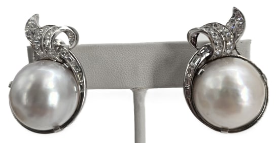 Early Set of 14k Gold, Mobe Pearl, and Diamond Earrings - Gross 29.3 g.