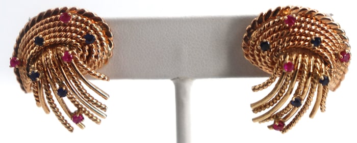 One Pair of Marked 14k Gold, Sapphire and Ruby Earrings - Gross 14.9 g.