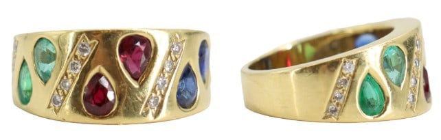 One 14k Gold, Emerald, Ruby, Sapphire, and Diamond Ring - Gross 9.7 g.