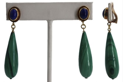One Pair of 18k Gold, Lapis, and Malachite Clip-On Earrings - Gross 18.7 g.