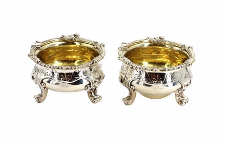 (2) Rare English Sterling Silver Heavy Cast Gilded Master Salt Cellars - 20.46 ozt.