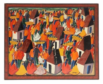 Laurent Casimir (1928-1990) Haitian, Oil on Canvas Market Scene "Ceremonie Pour Bawon"