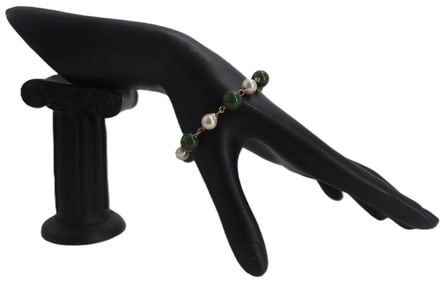 14k Gold, Jade, and Cultured Pearl Bracelet - Gross 13.1 g.