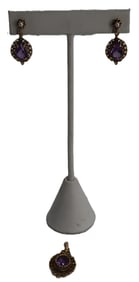 14k Gold and Amethyst Pendant & Pair of Matching Earrings - Gross 6.5 g.