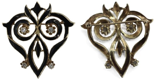 One Black Enamel, 14k Gold, and Diamond Brooch - Gross 7.3 g.