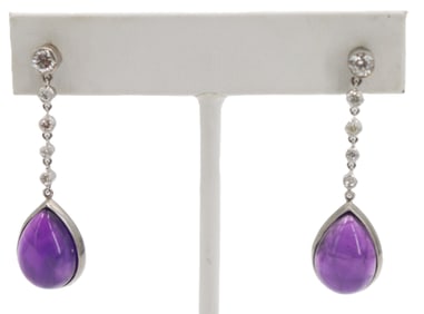 Pair of Tested 14k Gold, Diamond, and Cabochon Amethyst Earrings - Gross 7.4 g.