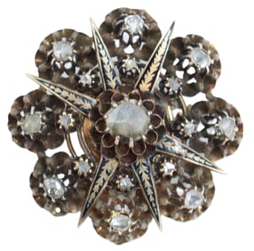 (17) Antique Rose Cut Diamonds, Sterling Silver and 14k Yellow Gold Brooch - Gross 16.4 g.