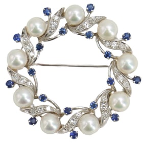 14k Gold, Pearl, Diamond, and Sapphire Brooch - Gross 9.8 g.