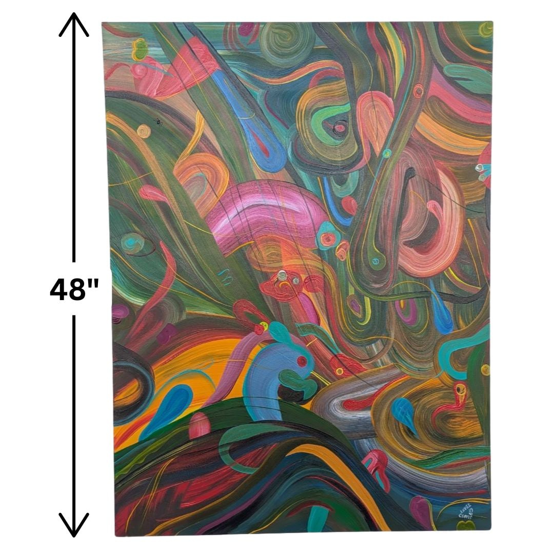Jerry Clovis (21st Century) American, Large Oil on Canvas Modern Abstract: Jerry Clovis (21st Century) American, Large Oil on Canvas Modern Abstract. Contemporary abstract painting by Jerry Clovis features a vibrant, high-energy composition of swirling, multi-colored brushst