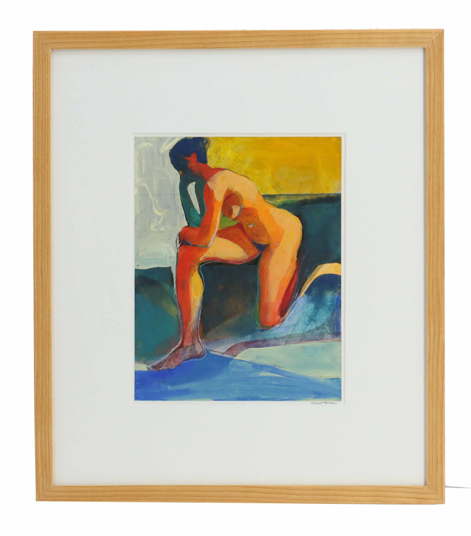 Richard Thomas (21st Century) American, Watercolor and Pencil Figurative Expressionist: Richard Thomas (21st Century) American, Watercolor and Pencil Figurative Expressionist. Figurative expressionist painting depicting a kneeling nude figure rendered in warm oranges and reds, set a