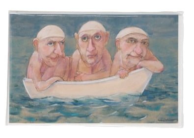 Richard Thomas (21st Century) American, Watercolor and Pencil Illustration of 3 Men in a Boat