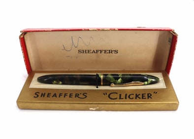 Vintage Shaeffer "Clicker" Celluloid Ink Pen in Marine Green with 14K Gold Nib
