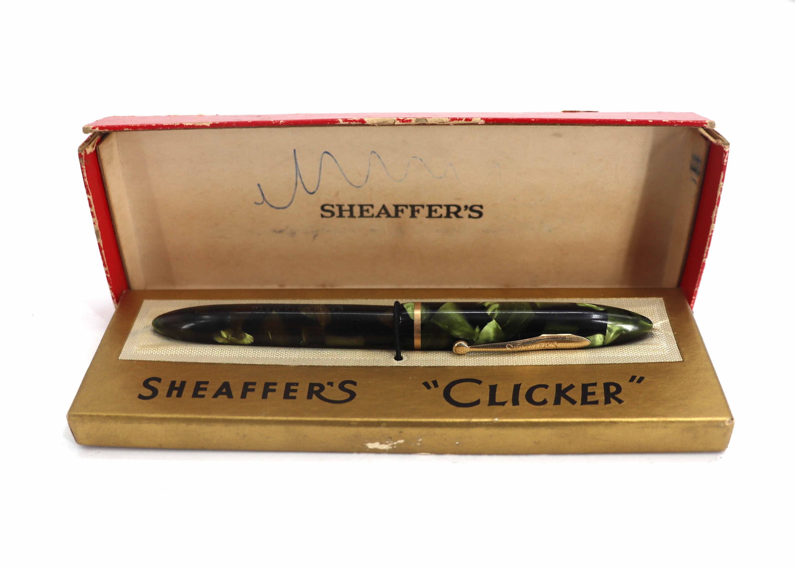 Vintage Shaeffer "Clicker" Celluloid Ink Pen in Marine Green with 14K Gold Nib (1 of 7)