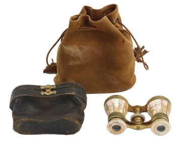 Vintage American Mother of Pearl Opera Glasses with Leather Case and Bag