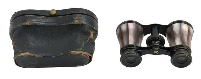 Vintage French Mother of Pearl Opera Glasses with Leather Case