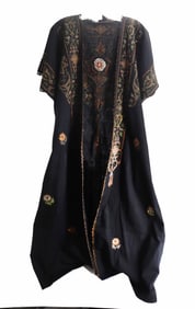 Vintage Asian Crochet and Crewel Embroidered Black Cotton Robe