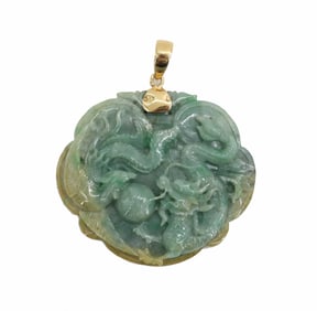 Monumental Heavy Cast Imperial Dragon Carved Jade Pendant with 18k Gold Bail