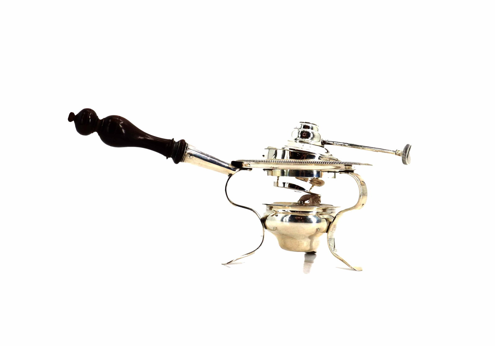 Sterling Silver Brazier With Silverplated Burner- Gross 16.880 ozt.: Sterling Silver Brazier With Silverplated Burner. Monogrammed. Marked. Wooden handle. Size: 10 x 5 1/4 x 5 3/4 in. Gross Weight: 16.880 ozt. 