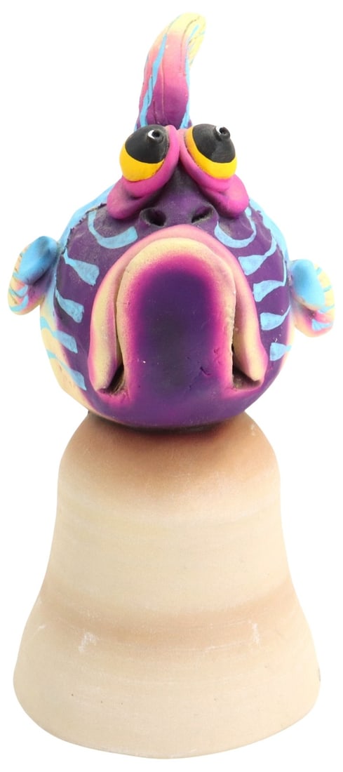 Todd Warner (1945-2022) American, Purple Fish Bell: Todd Warner (1945-2022) American, Purple Fish Bell Sculpture. Whimsical Purple, blue and pink Fish animal sculpture attached to a bell. Signed Todd Warner and dated 1998 C 1999 near the