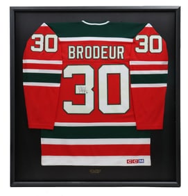 Framed Autographed Maritn Brodeur New Jersey Devils Jersey