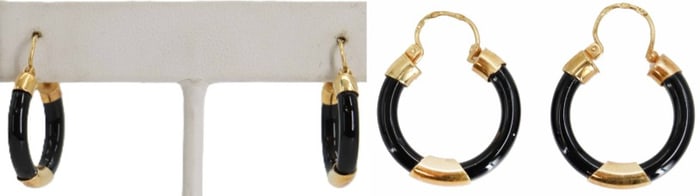 One Pair of 14k Gold & Onyx Hoop Earrings - Gross 2.7 g