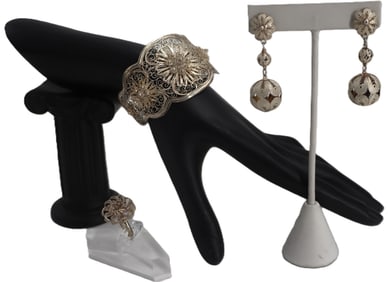 Marked 900 Silver Bracelet, Ring, and Pair of Earrings - 0.910 ozt.