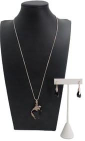 Pair of Sterling Silver and Black Glass Earrings with Matching Necklace - Gross 0.925 ozt.