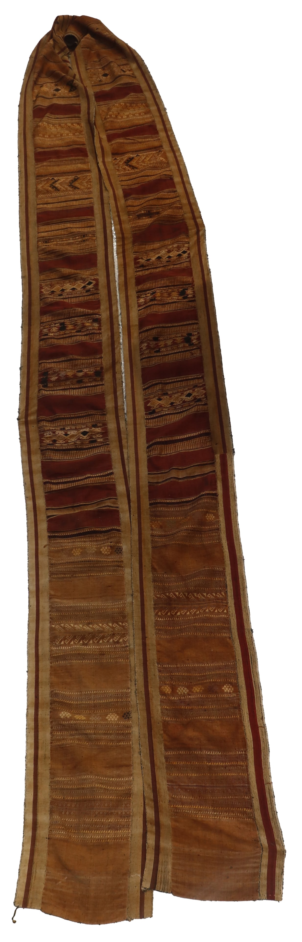 Vintage African Ceremonial Shawl: Vintage African Ceremonial Shawl. African ceremonial wrapper or shawl, likely a Kente cloth strip, characterized by its complex loom-woven patterns. It features a bright, balanced composition of geome