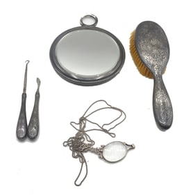 (4) Piece Antique English Vanity Table Set and Folding Sterling Silver Spectacles
