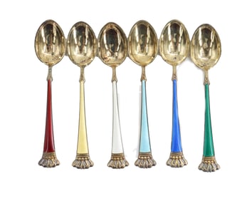 (6) Danish Sterling Silver and Enameled Spoons in English Box - Gross 1.935 ozt.