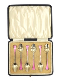 (6) Gold Washed Sterling Silver Guilloche Enameled Spoons - Gross 2.060 ozt.