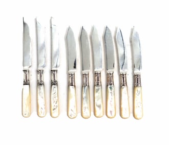 (9) Fruit Knives with Sterling Wrap and Mother-of-Pearl Handles