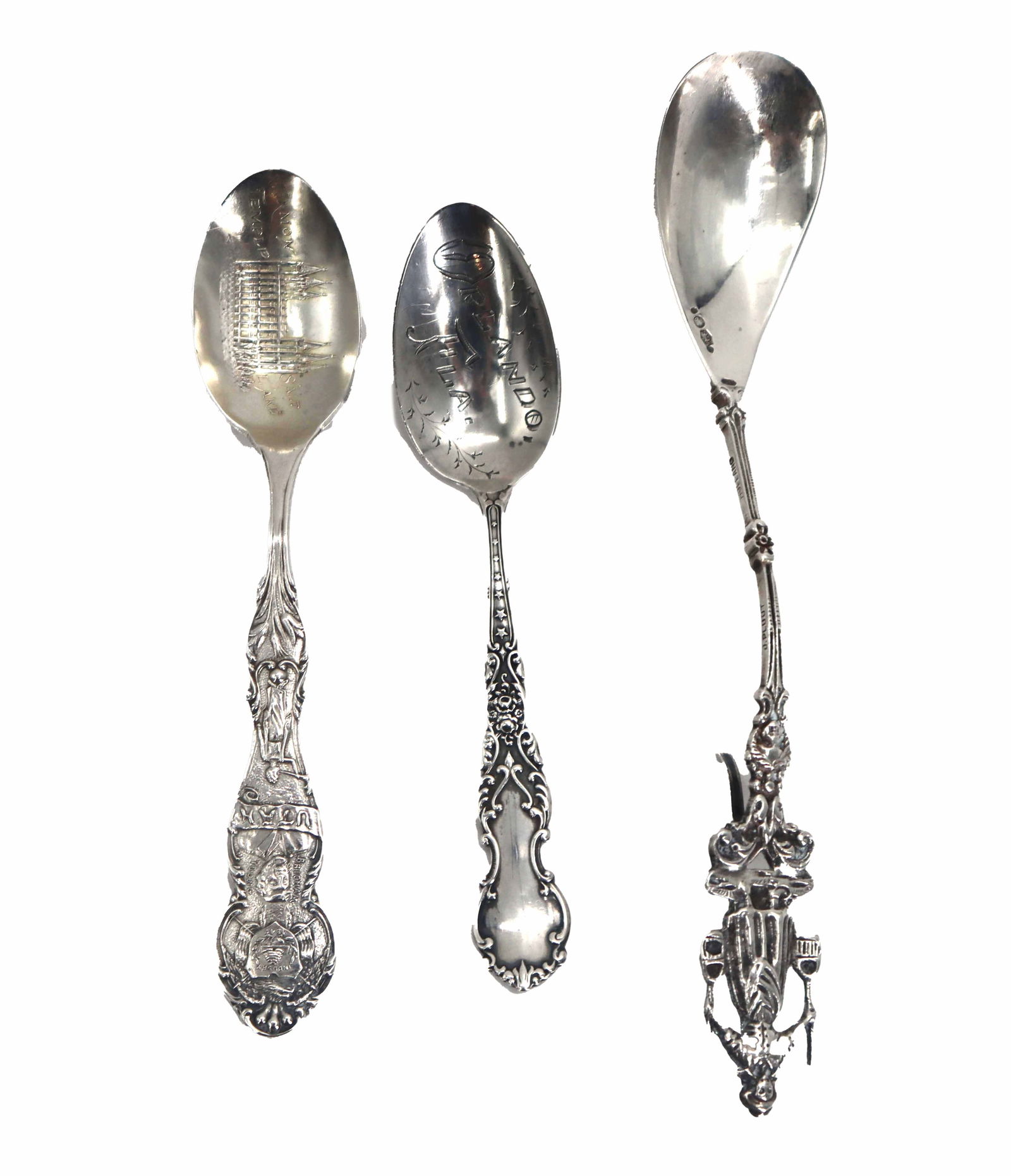 (3) Sterling Silver Souvenir Spoons - 2.130 ozt.: (3) Sterling Silver Souvenir Spoons - 2.130 ozt. One is from Salt Lake City, Utah, one is from Orlando, Florida, and the longest one is from Holland. Each marked variously. Largest Size: 7 x 1 1
