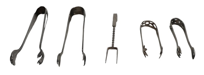 (4) American and English Sterling Silver Tongs and 1 Fork - 1.9 ozt.