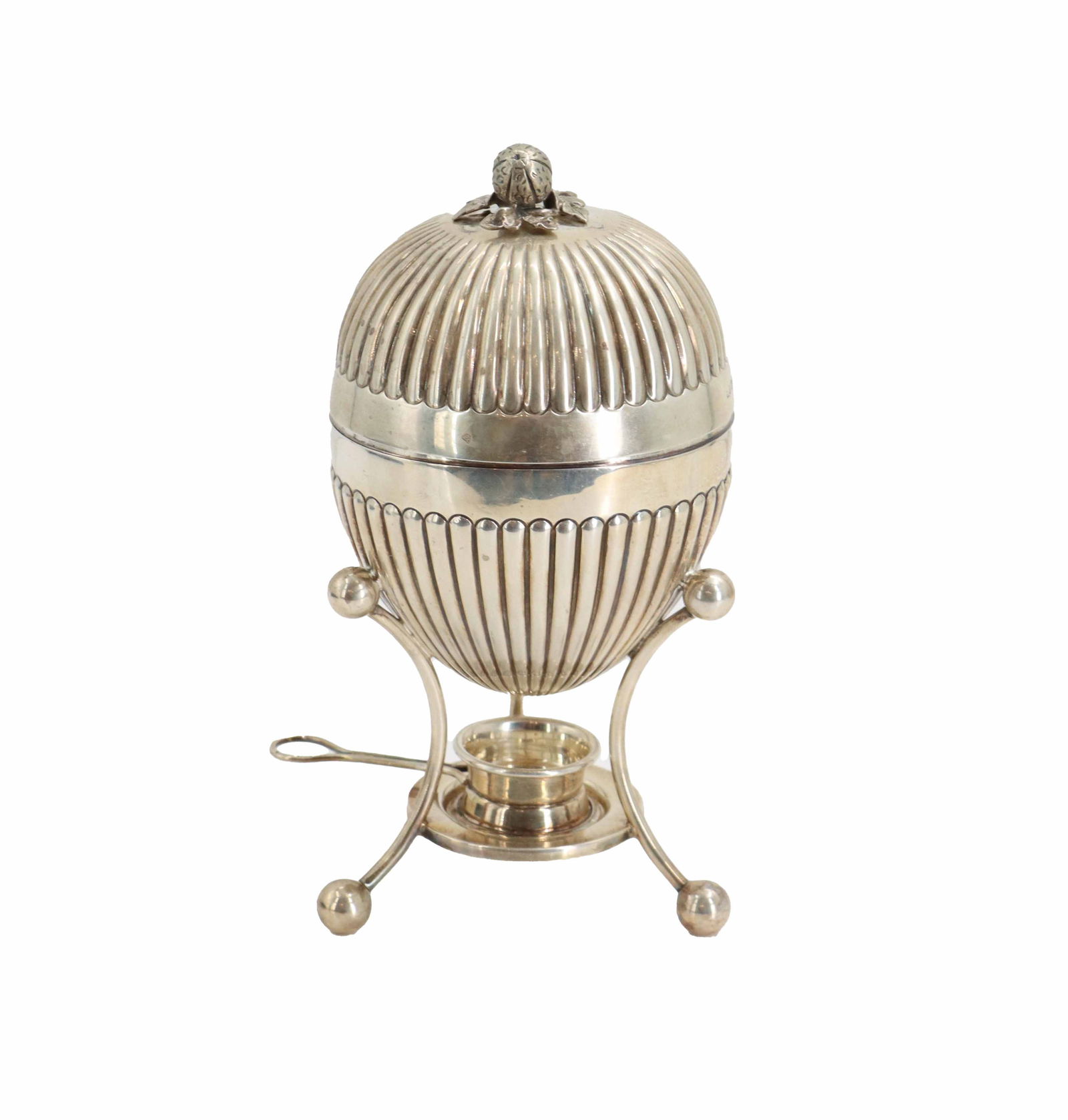 Mappin & Webb Silverplated Egg Coddler/Warmer: Mappin & Webb Silverplated Egg Coddler/Warmer. Ornate victorian style. Featuring a fluted, egg shaped container supported by an elaborate stand. manufactured by the prestigious British firm M