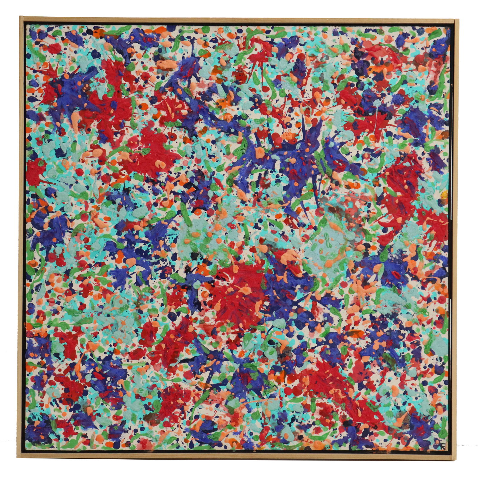 Fred Kohl (Born 1937) American, Abstract Acrylic on Canvas: Fred Kohl (Born 1937) American, Abstract Acrylic on Canvas. Stunning busy burst of dots and smears in red, blue, green, and orange tones. The single letter "F" is visible in the very bottom