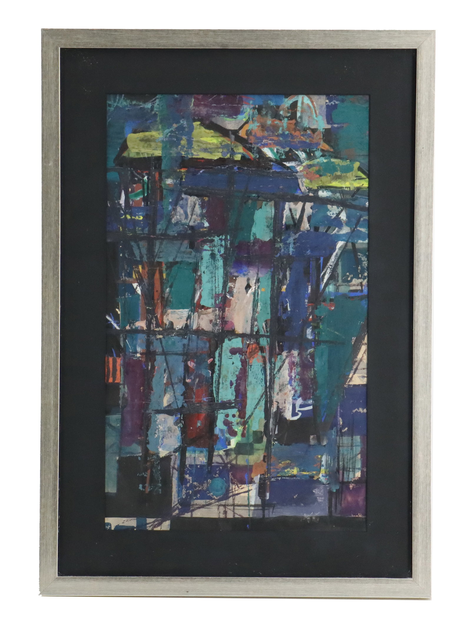 Abstract Oil on Panel with Silver Tone Frame: Abstract Oil on Panel with Silver Tone Frame. The frame is newer, and the artwork unsigned. Overall Size: 17 1/2 x 23 1/4 in. Sight Size: 11 1/2 x 19 1/2 in. 